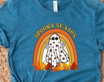 Spooky Season Shirt, Fall Floral Ghost Halloween Shirt, Retro Halloween Tee, Autumn Ghost Shirt, Peace Sign Ghost Shirt, Cute Fall Shirt