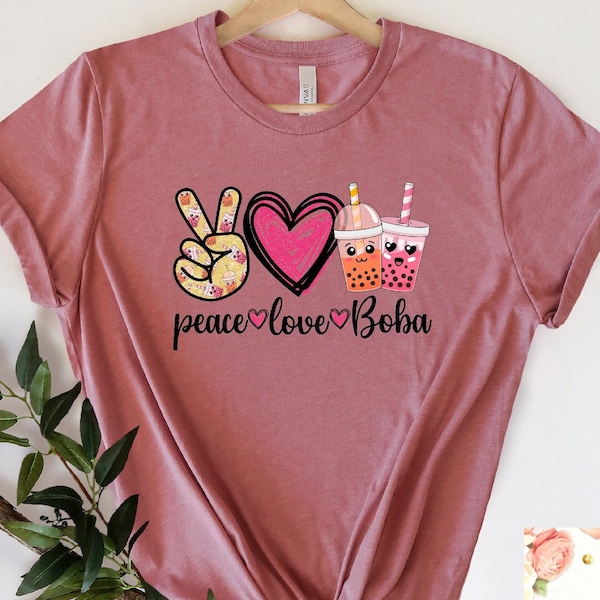 Chemise Boba Peace Love, BubbleT-shirt Kawaii, T-shirt pour amoureux des chats, T-shirts graphiques Boba thé au lait, cadeau pour amateur de thé aux perles, T-shirt pour amoureux des animaux de compagnie