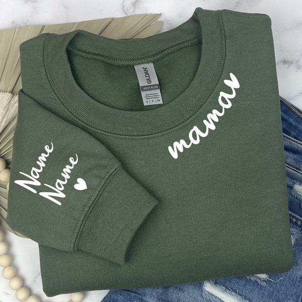 Custom Mama Sweatshirt With Kid Name on Sleeve, Minimalist Mom Sweater, Personalized Mom Sweatshirt, Christmas Gift, Christmas Gift for Mom