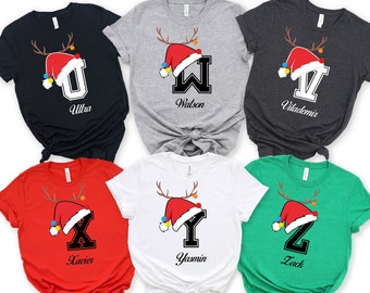 Christmas Custom Name Initial Shirt, Xmas Matching Pajama, Family Christmas Shirt, Personalized Christmas Couple T-Shirt,Christmas Group Tee