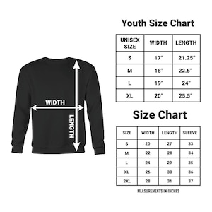 a black sweatshirt with the size chart for the youth size chart