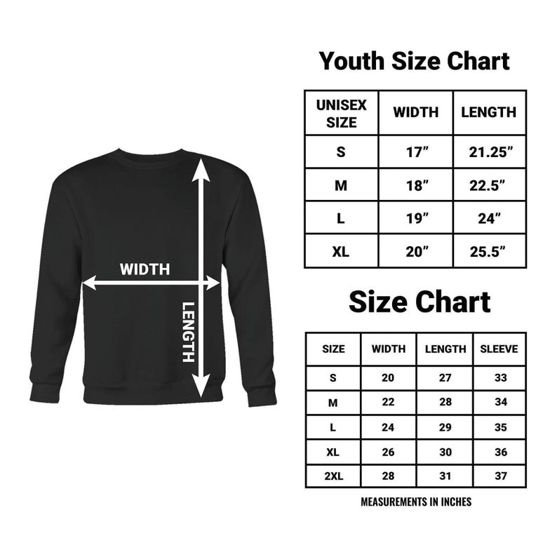 a black sweatshirt with the size chart for the youth size chart
