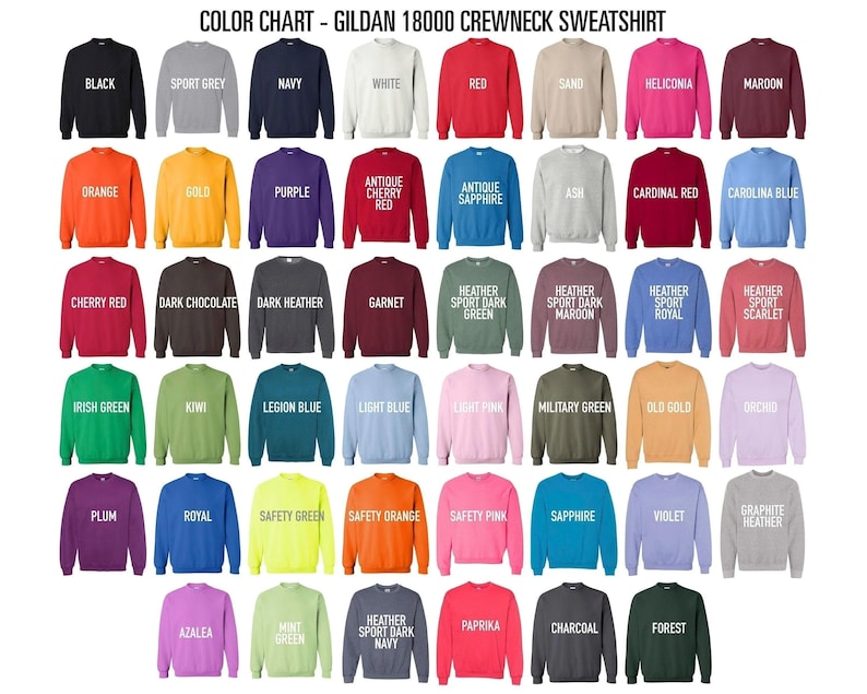 the color chart for the long - sleeved sweatshirts
