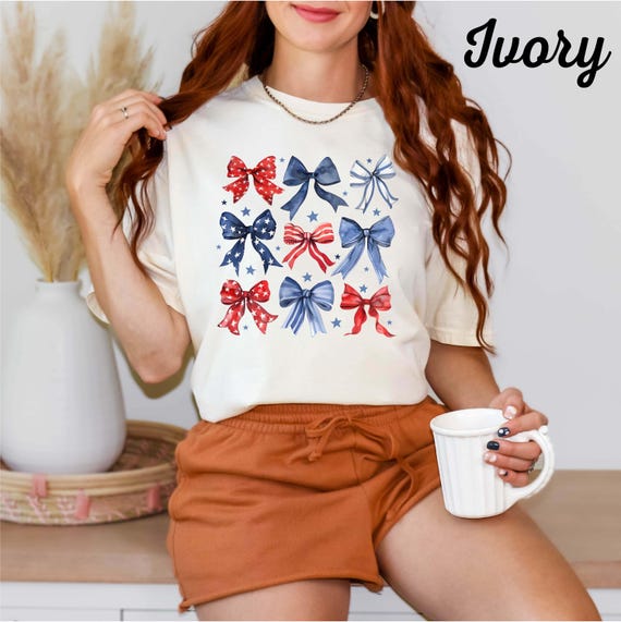 Comfort Colors® Patriotic Bow Shirt, 4th of July Graphic Tee, Red White Blue Bows Shirt, Cute USA Shirt for Women, America Summer Outfit