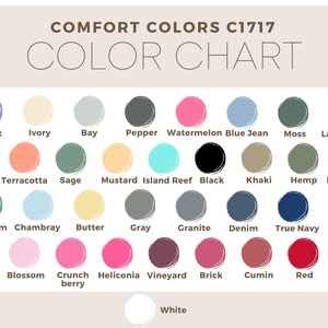 K&ouml;nnte beinhalten: Farbkarte mit 25 verschiedenen Farbmustern, beschriftet mit Namen wie Violett, Elfenbein, Bucht, Pfeffer, Wassermelone, Jeansblau, Moos, Lagunenblau, Yam, Terrakotta, Salbei, Senf, Inselriff, Schwarz, Khaki, Hanf, Hellgr&uuml;n, Schaum, Chambray, Butter, Grau, Granit, Denim, Dunkelblau, Traube, Orchidee, Bl&uuml;te, Knusperbeere, Heliconia, Weinberg, Ziegel, Kreuzk&uuml;mmel, Rot, Beere und Wei&szlig;.