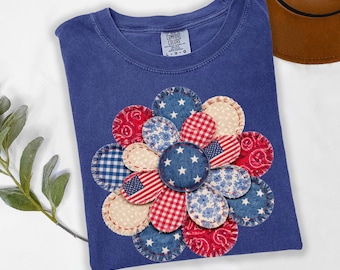 Comfort Colors Trendy Patriotic Flower Shirt, 4th Of July Shirt, American Flag Flower Shirt, Independence USA Shirt,NOT Real Patchwork