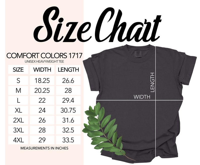 K&ouml;nnte beinhalten: Gr&ouml;&szlig;entabelle f&uuml;r ein Unisex-Heavyweight-T-Shirt, mit Angabe der Breite und L&auml;nge in Zoll f&uuml;r die Gr&ouml;&szlig;en S bis 4XL. COMFORT COLORS 1717.
