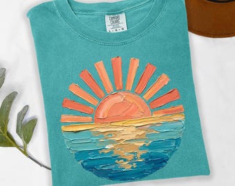 Comfort Colors Sunset Beach Shirt, Coastal Ocean Graphic Tee, Retro Summer Vacation T Shirt, Cute Travel Tee, Only Print- Not real Painting