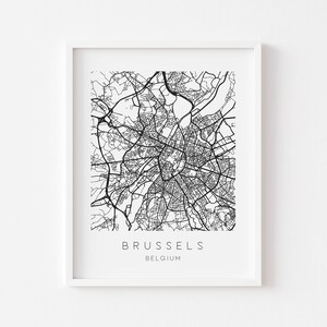 Impresión de mapa de Bruselas - Póster de mapa de la ciudad - Impresión de pared de Bruselas - Póster de pared de Bélgica - Impresión de mapa minimalista en blanco y negro - Decoración del hogar