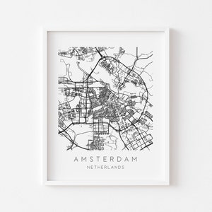 Impression de carte d'Amsterdam - affiche de carte de la ville - impression murale d'Amsterdam - affiche murale des Pays-Bas - impression de carte noir et blanc minimaliste - décoration d'intérieur