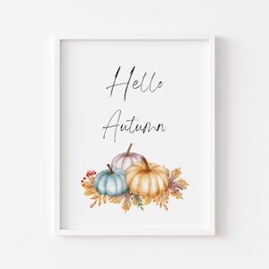 Hello Autumn Pumpkin Print - Fall Decor Wall Prints - Halloween Autumn Home Decor - Watercolour Pumpkin Wall Posters - Autumn Home Art