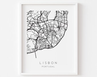 Impression de carte de Lisbonne - Poster de carte de la ville - Impression murale de Lisbonne - Poster mural du Portugal - Impression de carte noir et blanc minimaliste - Décoration d'intérieur