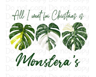 May include: A white background with the text "All I want for Christmas is Monstera's" in black cursive font. Three green and white Monstera leaves are arranged in a row across the center of the image.