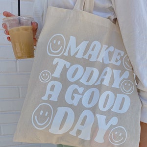 Make today a good day happy face canvas cotton tote bag