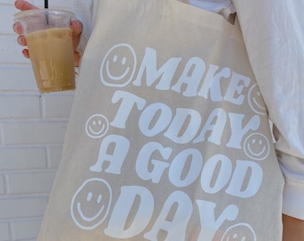 Make today a good day happy face canvas cotton tote bag