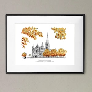 Salisbury cathedral personlised wedding print autumn scene