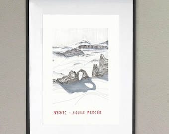 Cartel de esquí de Tignes, Francia. Ilustración a mano con pluma y tinta. Recuerdo de Tignes.