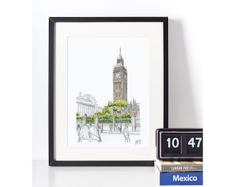Könnte beinhalten: Ein schwarzer gerahmter Druck einer handgezeichneten Illustration des Big Ben in London, England. Die Illustration ist in Schwarzweiß mit grünen Akzenten für die Bäume. Der Druck ist auf weißem Hintergrund.