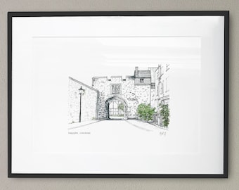 Hand drawn illustration of the Kingsgate, Winchester. Print Sizes A5, A4 and A3.