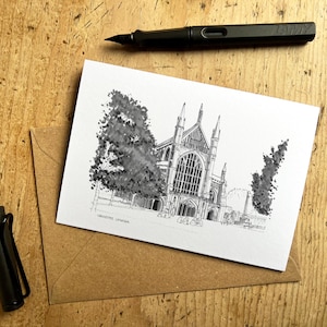 Winchester Cathedral-wenskaart in zwart-wit, Winchester Cathedral, Cathedral-notitiekaart, A6-kaarten blanco gelaten aan de binnenkant voor een unieke notitie.