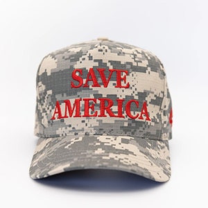 May include: A camouflage baseball cap with the words "SAVE AMERICA" embroidered in red.