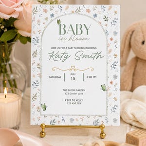 Baby Shower Invitation Template, Baby in Bloom Invite, Floral Baby Shower Invitation, Canva Template, 5x7 Instant Download