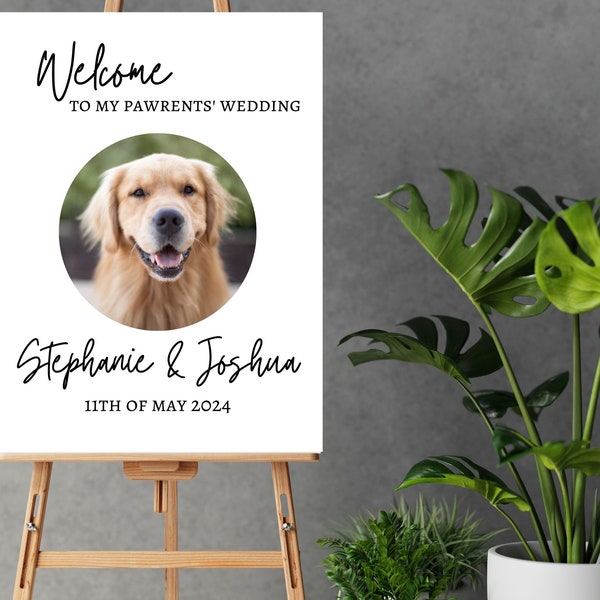 Willkommen zu meinem Eltern-Hochzeitsplakat, Individuelles Hundekatzenschild, niedliches personalisiertes Haustier-Foto-Event-Dekor, Hundehochzeit-Willkommensschild