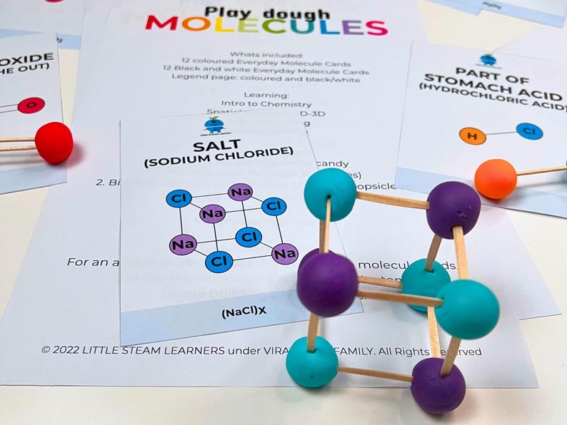 May include: A 3D model of a salt molecule, made with colorful play dough and wooden sticks. The model is labeled "SALT (SODIUM CHLORIDE)" and shows the chemical formula (NaCl)x.