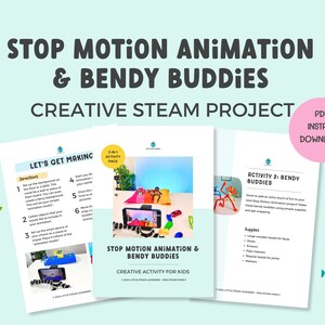 Puede incluir: Dos hojas de actividades PDF imprimibles para que los niños creen animaciones de stop motion y amigos flexibles. Las hojas se titulan "Let's Get Making" y "Actividad 2: Amigos flexibles".