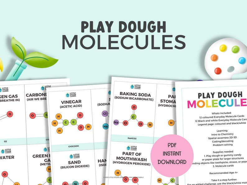 May include: Play Dough Molecules activity set with colorful cards featuring molecular structures of everyday items like baking soda, vinegar, and water. The cards include the chemical name and formula for each molecule. The set also includes a legend page and instructions for building the molecules with play dough.