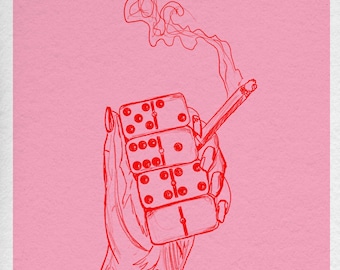 Domino Cigarette Print - Red Ink Art on Card Stock