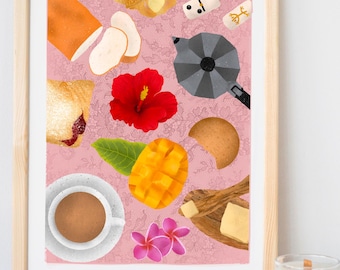 May include: A pink background with a collage of images depicting a tropical breakfast. The images include a cup of coffee, a mango, a loaf of bread, a pastry, a hibiscus flower, a plumeria flower, a domino, a butter knife, and a coffee pot.