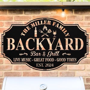 Metal Bar and Grill Sign - Personalized Backyard Sign - Family Last Name Est. for Porch & Outdoor Kitchen Decor - Housewarming Gift