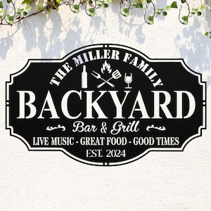 Metal Backyard Grill Sign - Outdoor Grill Signs - Custom Family Name Metal Sign, Backyard Bar Kitchen Signs, Personalized Man Cave Patio Art