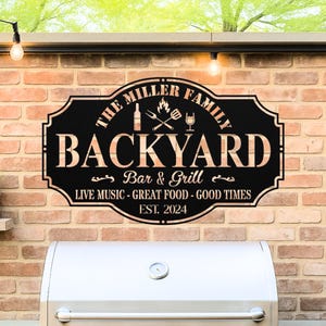 Personalized Backyard Bar & Grill Sign - Custom Outdoor BBQ Sign - Metal Wall Decor - Gift for Dad - Housewarming Gift - Father&#39;s Day Gift