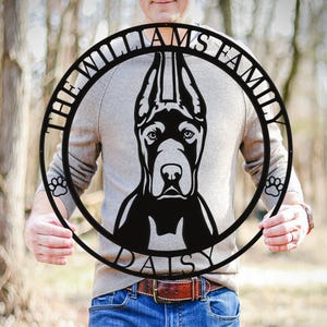 Dane Cropped Ears Metal Name Sign, Custom Great Dane Dog House Decor, Front Door Welcome Sign, Family Name, Dog Lover Gift