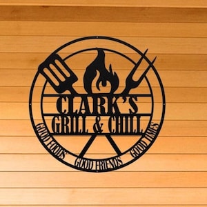 Grill & Chill BBQ Shack Sign - Custom Metal Smokehouse Sign - Personalized Gift for Dad or Backyard Chef - Father&#39;s Day Gift