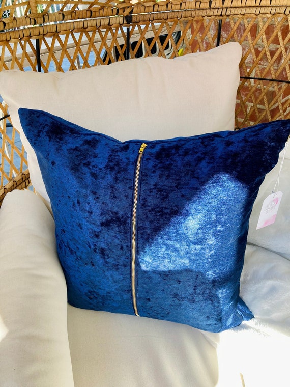 Royal Blue Velvet Throw Pillow Cover With Gold Zipper Etsy