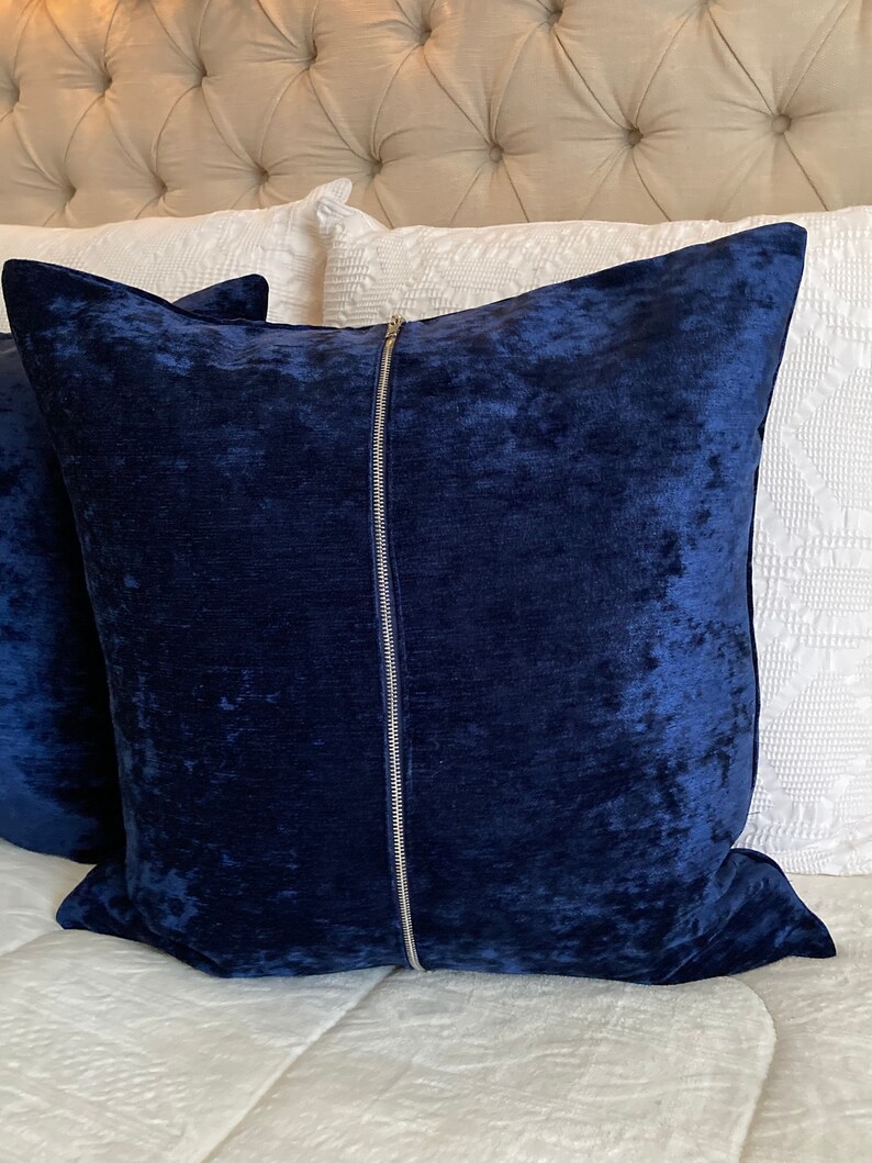 Royal Blue Velvet Throw Pillow Cover With Exposed Silver Zipper Etsy
