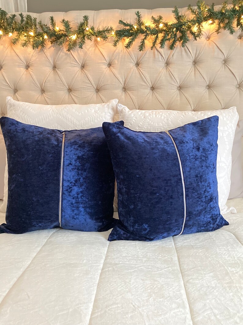 Royal Blue Velvet Throw Pillow Cover With Exposed Silver Zipper Etsy