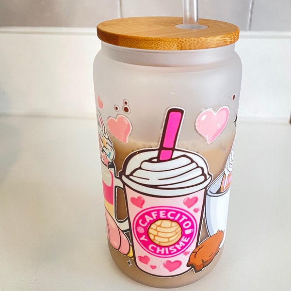 Cafecito y Chisme Frosted Glassware| Coffee Can Jar| Lattes| Iced Coffee Cup| 16oz Glassware| Glass Tumbler| Beer Can Shaped Jar| Pink| Vaso