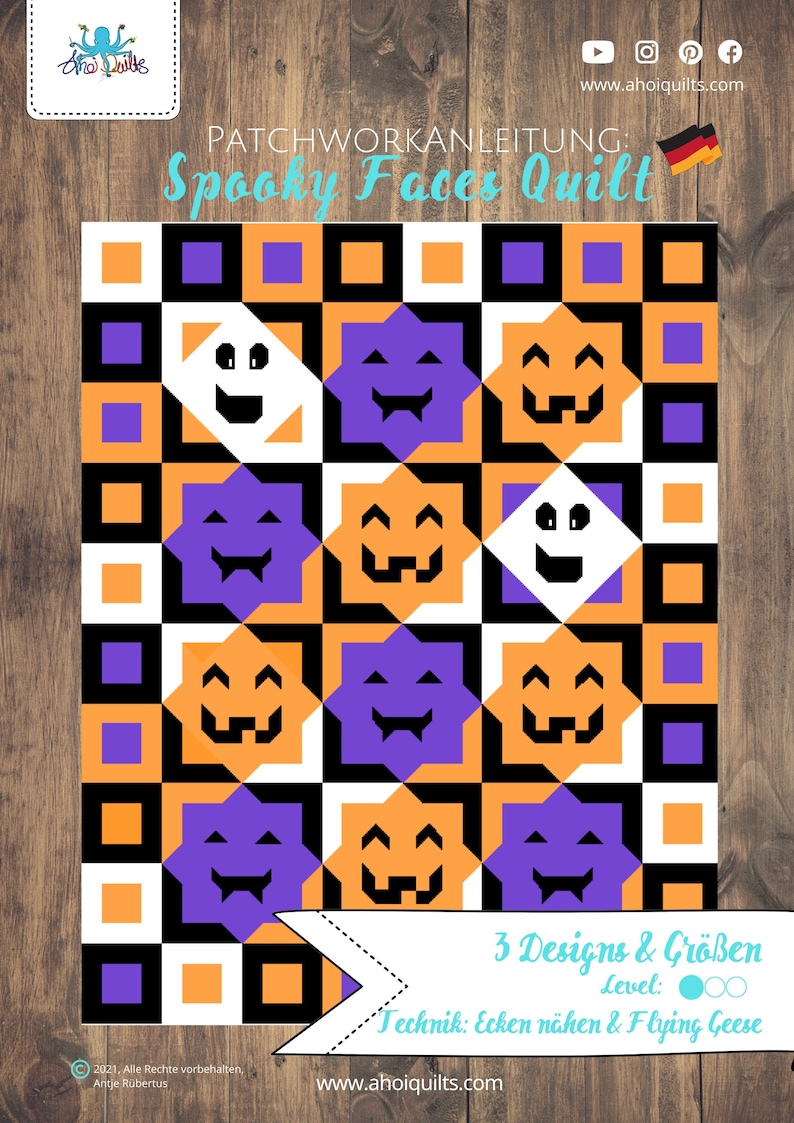 Op de afbeelding: Een kleurrijk Halloween-quiltpatroon met herhaalde spookachtige gezichten in oranje, paars, zwart en wit. Het ontwerp bevat pompoenen en spookachtige figuren. De tekst "Spooky Faces Quilt" wordt bovenaan weergegeven.