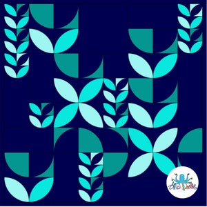 May include: Abstract geometric pattern with teal and turquoise shapes on a dark blue background. The pattern includes leaves, circles, and semi-circles.