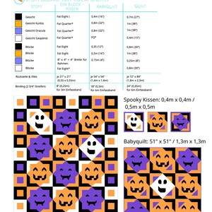 Op de afbeelding: Een diagram voor een Halloween-thema quiltproject getiteld "Spooky Faces Quilt". Het ontwerp bevat herhalende patronen van pompoen-, spook- en vampiergezichtblokken in oranje, paars, zwart en wit. De quiltmaten zijn 1,7 m x 2,2 m en 1,3 m x 1,3 m.