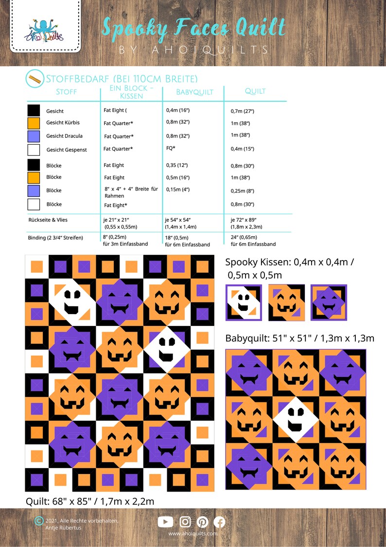 Op de afbeelding: Een diagram voor een Halloween-thema quiltproject getiteld "Spooky Faces Quilt". Het ontwerp bevat herhalende patronen van pompoen-, spook- en vampiergezichtblokken in oranje, paars, zwart en wit. De quiltmaten zijn 1,7 m x 2,2 m en 1,3 m x 1,3 m.