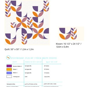May include: A quilt pattern with a modern garden theme. The quilt is made up of geometric shapes in shades of purple, orange, and pink. The pattern includes leaves, flowers, and circles. The quilt is 50 inches by 50 inches. The image also includes a chart with fabric requirements for the quilt and a pillow.