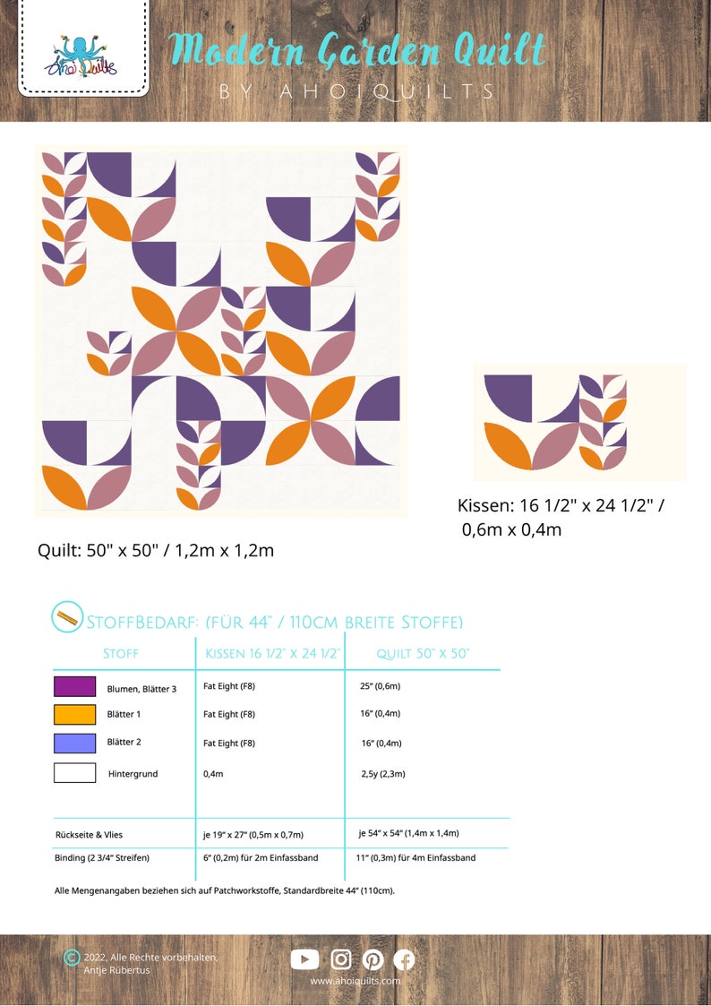 May include: A quilt pattern with a modern garden theme. The quilt is made up of geometric shapes in shades of purple, orange, and pink. The pattern includes leaves, flowers, and circles. The quilt is 50 inches by 50 inches. The image also includes a chart with fabric requirements for the quilt and a pillow.