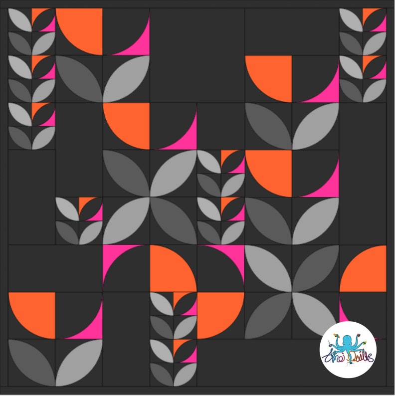 May include: A geometric pattern quilt block design with orange, gray, and pink shapes. The design features a repeating pattern of half circles, leaves, and four-petal flowers.