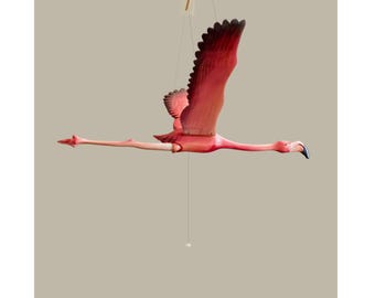 Móvil de flamencos tallado a mano, escultura cinética de aves, decoración escandinava, móvil colgante artístico, decoración moderna y orgánica para el hogar, acento de interior
