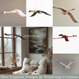 Puede incluir: Una colecci&oacute;n de m&oacute;viles de p&aacute;jaros de madera, incluyendo un cisne, un tuc&aacute;n y un flamenco, suspendidos por cuerdas. Las aves parecen estar volando. El texto "TRANSFORM YOUR HOME WITH A TOUCH OF NATURE" es visible. La parte inferior de la imagen dice "More Exquisite Designs By Woodwings Creations."